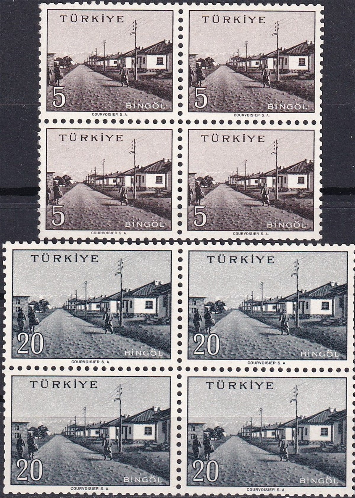 Damgasız Tüm Seri Pul Koleksiyonu1958/1960 Memleket Serisi Şehir Pulu: Bingöl Dörtlü Blok Pul