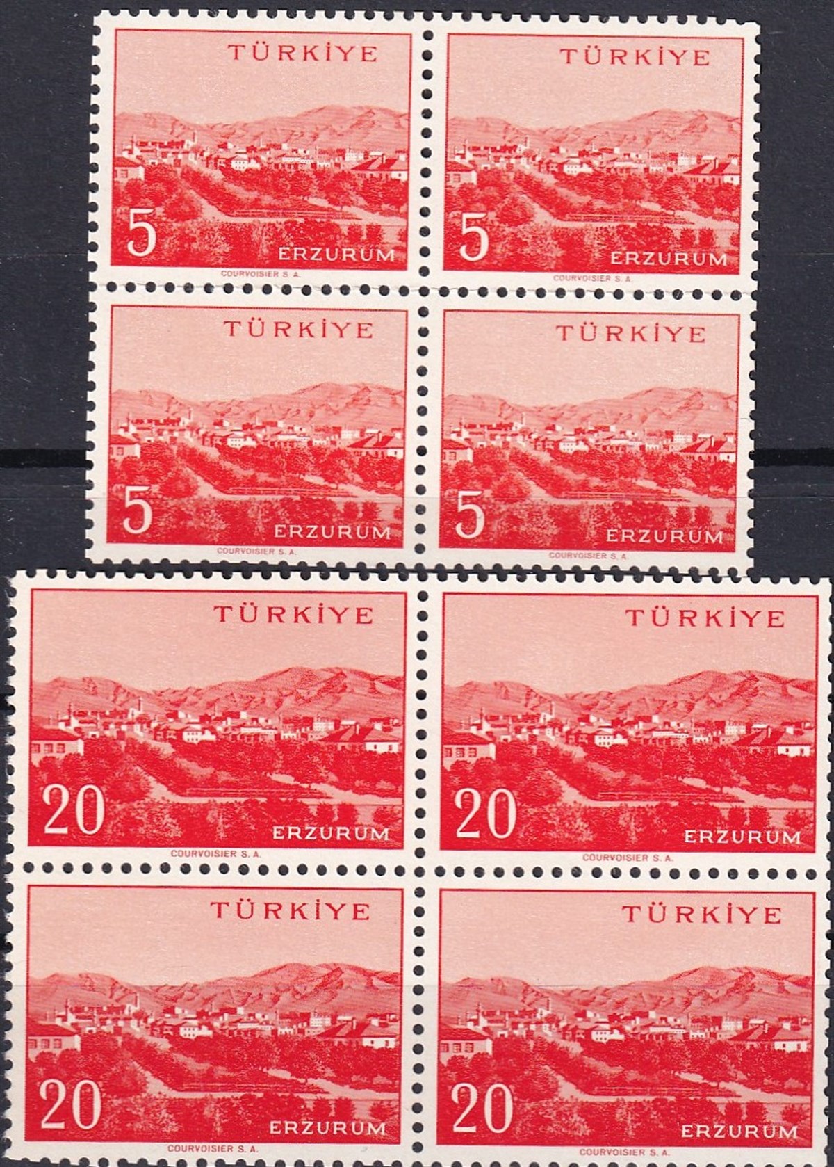 Damgasız Tüm Seri Pul Koleksiyonu1958/1960 Memleket Serisi Şehir Pulu: Erzurum Dörtlü Blok Pul
