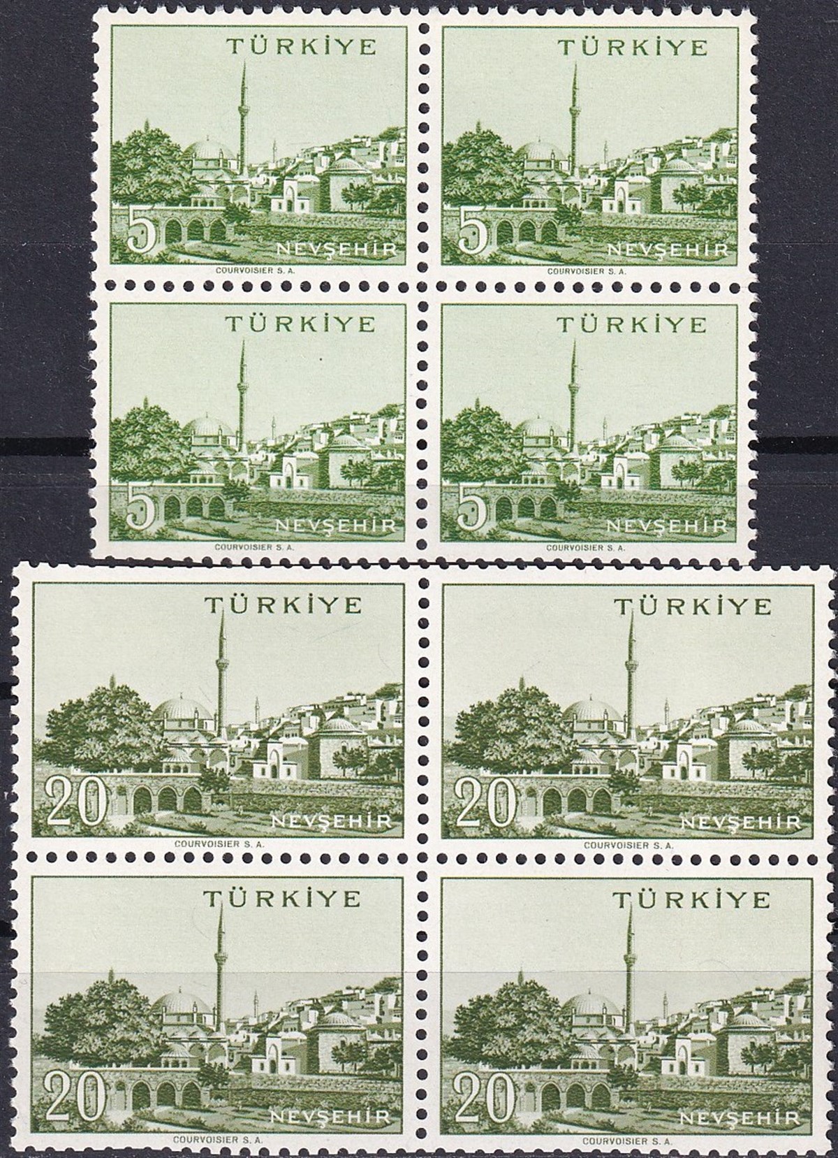 Damgasız Tüm Seri Pul Koleksiyonu1958/1960 Memleket Serisi Şehir Pulu: Nevşehir Dörtlü Blok Pul