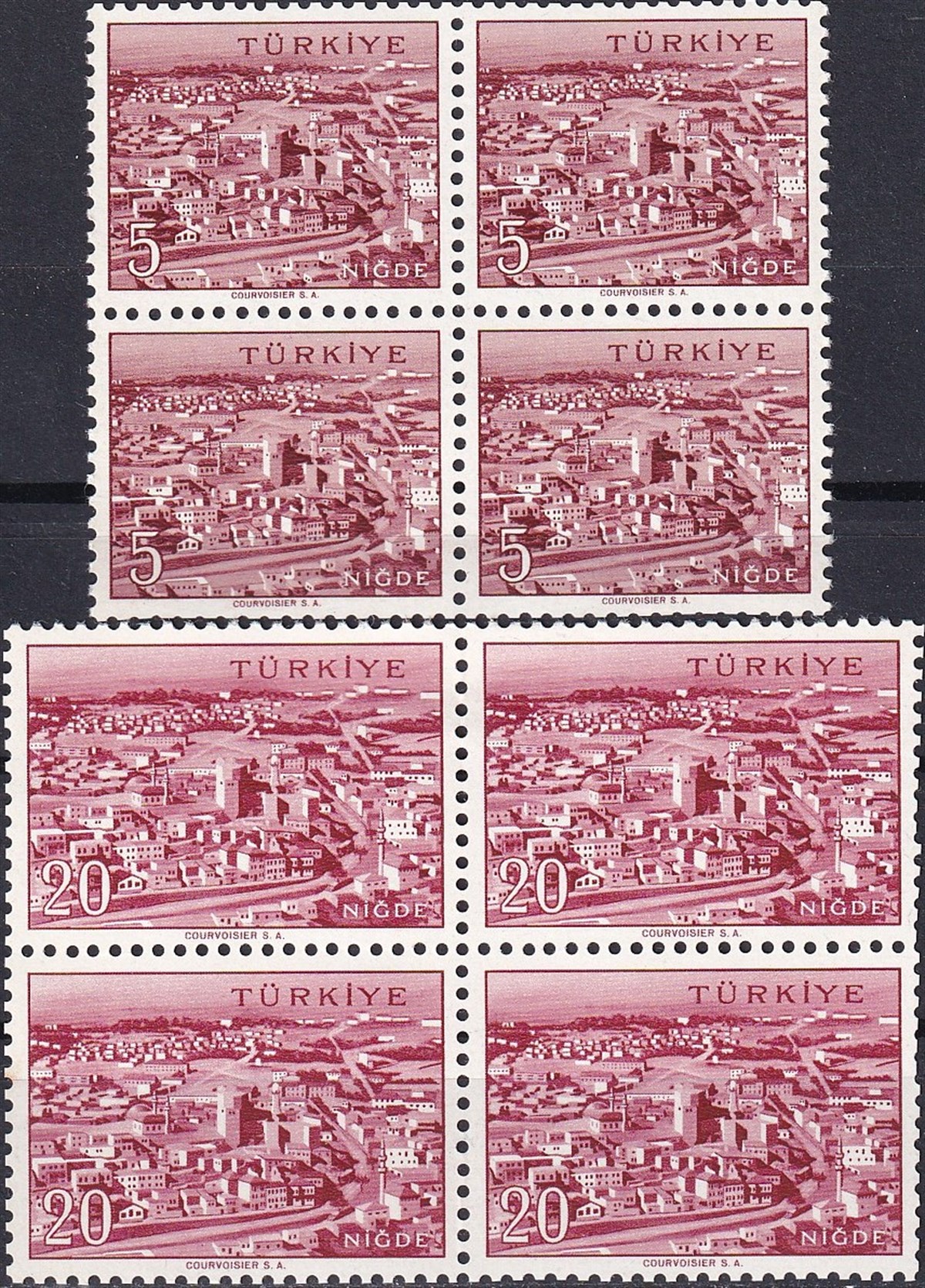 Damgasız Tüm Seri Pul Koleksiyonu1958/1960 Memleket Serisi Şehir Pulu: Niğde Dörtlü Blok Pul