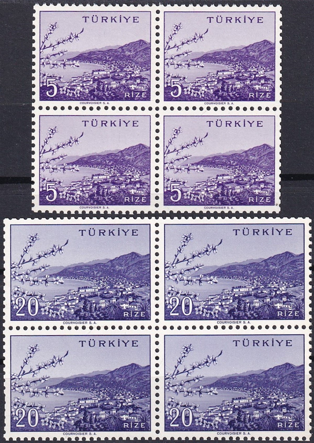 Damgasız Tüm Seri Pul Koleksiyonu1958/1960 Memleket Serisi Şehir Pulu: Rize Dörtlü Blok Pul