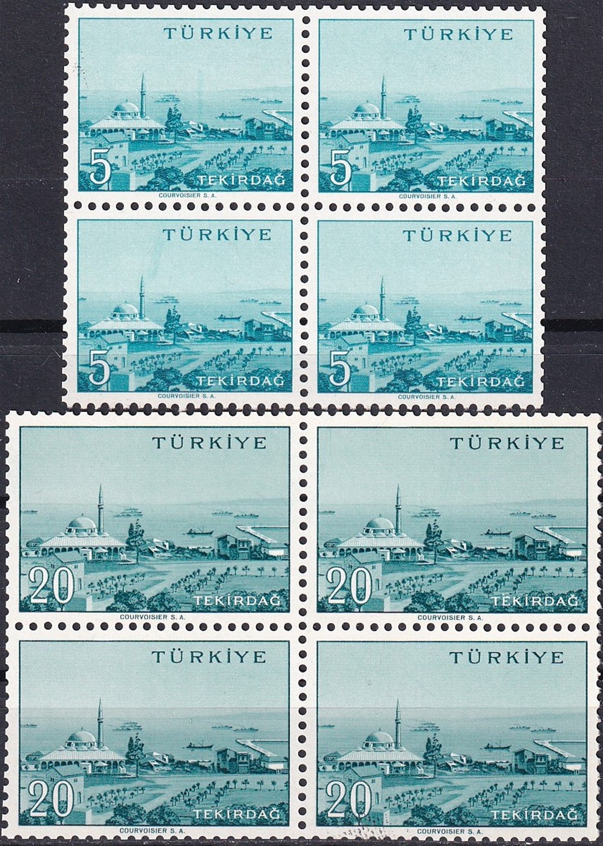 Damgasız Tüm Seri Pul Koleksiyonu1958/1960 Memleket Serisi Şehir Pulu: Tekirdağ Dörtlü Blok Pul