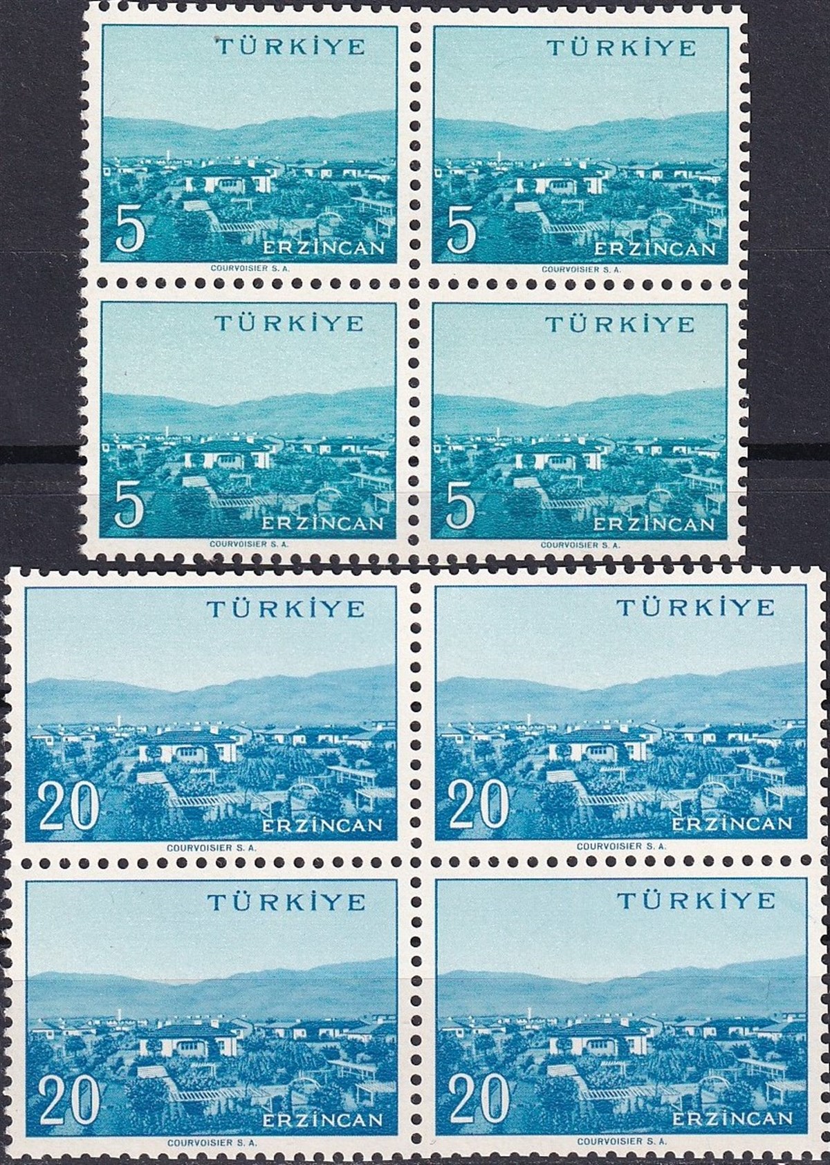 Damgasız Tüm Seri Pul Koleksiyonu1958/1960 Memleket Serisi Şehir Pulu: Erzincan Dörtlü Blok Pul