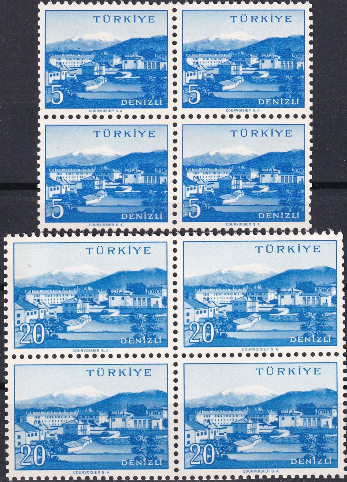 Damgasız Tüm Seri Pul Koleksiyonu1958/1960 Memleket Serisi Şehir Pulu: Denizli Dörtlü Blok Pul