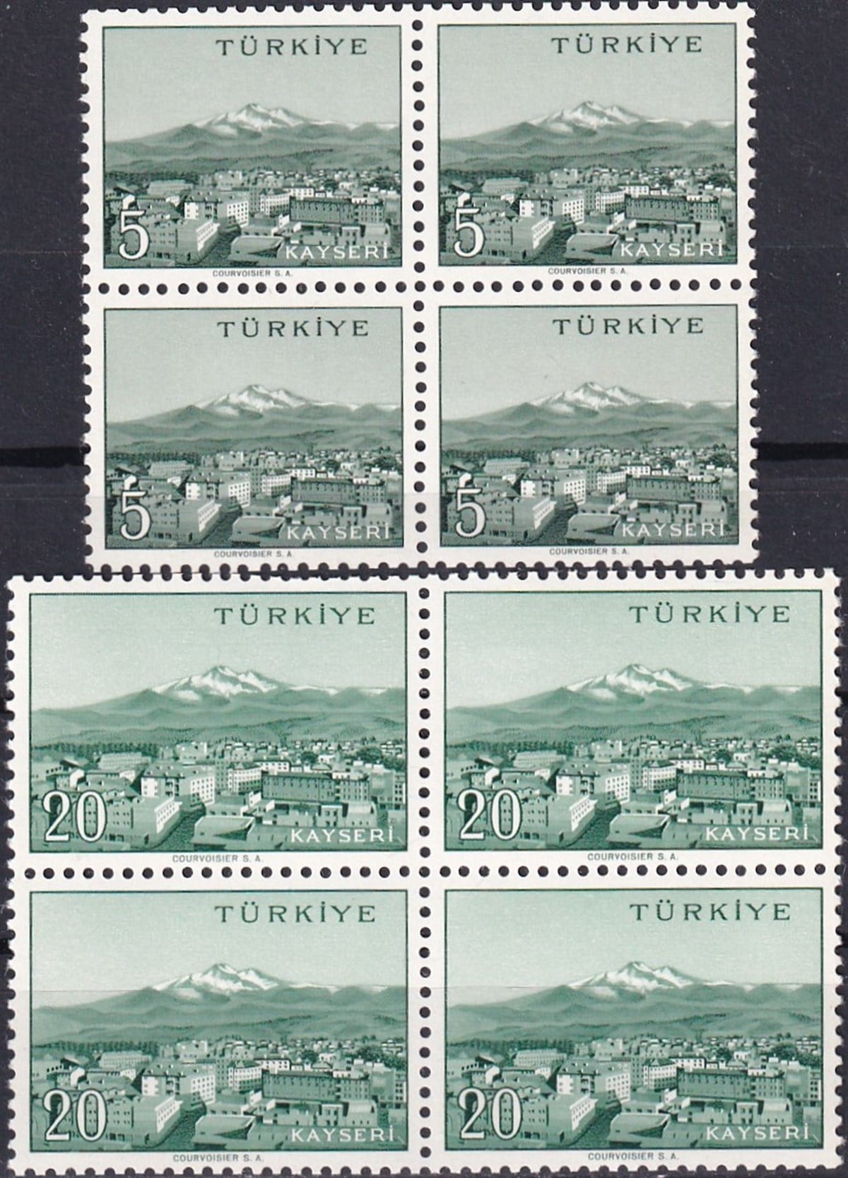 Damgasız Tüm Seri Pul Koleksiyonu1958/1960 Memleket Serisi Şehir Pulu: Kayseri Dörtlü Blok Pul