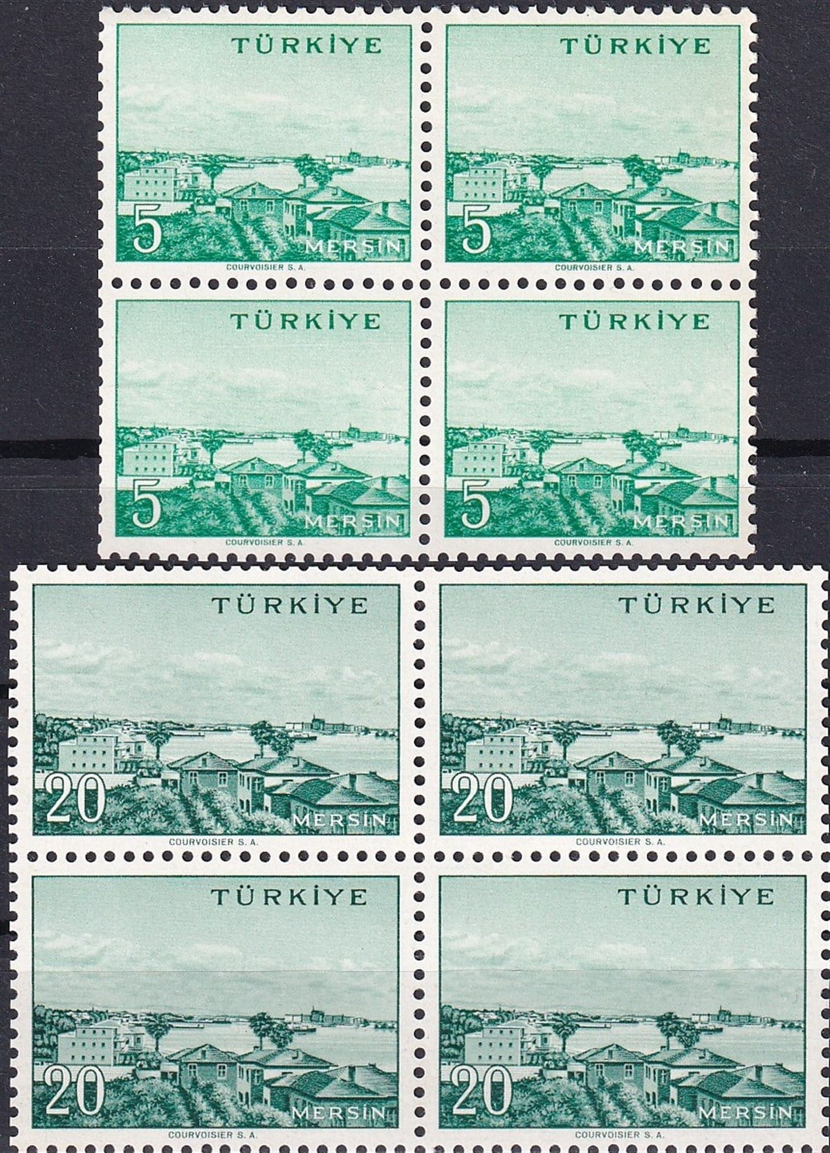 Damgasız Tüm Seri Pul Koleksiyonu1958/1960 Memleket Serisi Şehir Pulu: Mersin Dörtlü Blok Pul