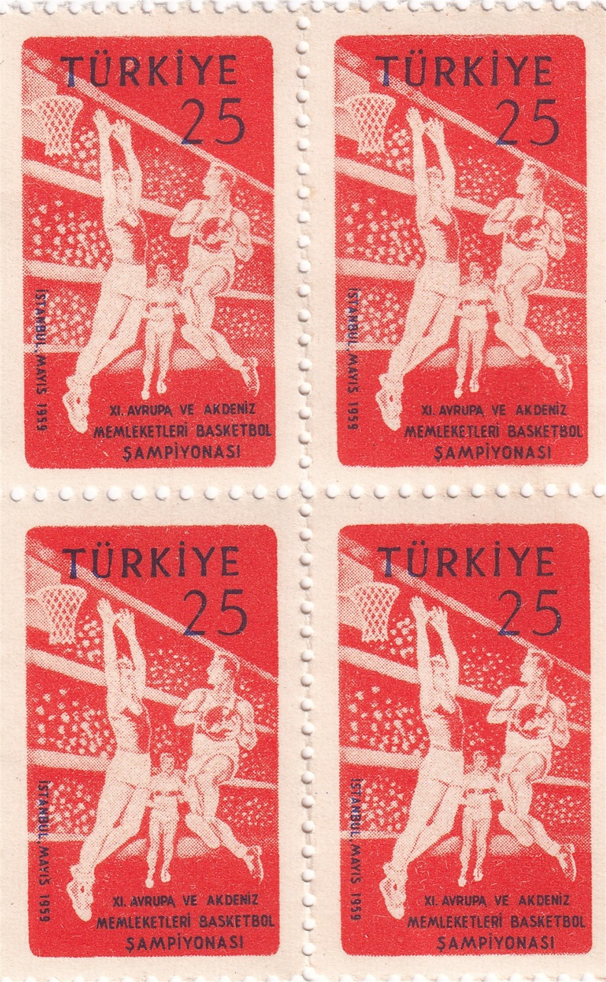 Damgasız Tüm Seri Pul Koleksiyonu1959 XI. Avrupa Ve Akdeniz Memleketleri Basketbol Şampiyonası Dörtlü Blok Pul