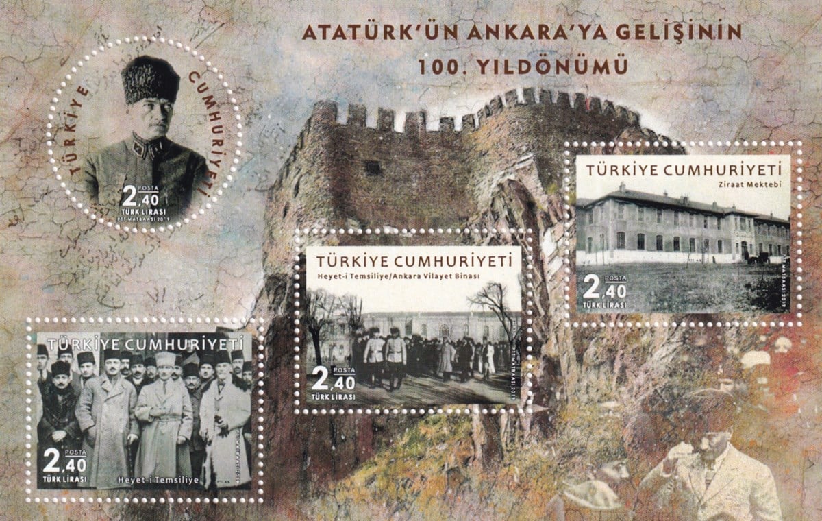 Damgasız Tüm Seri Pul Koleksiyonu2019, Atatürk'ün Ankara'ya Gelişinin 100. Yıldönümü (4 pullu) Dantelli Blok Pul