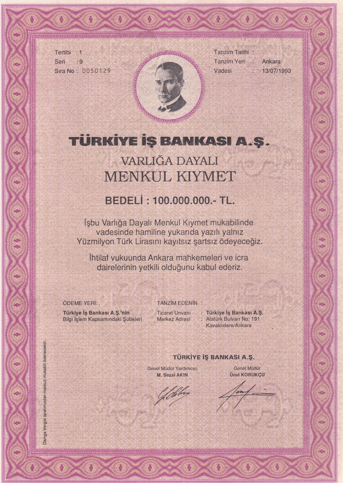 Hisse SenediTürkiye İş Bankası A.Ş. (100.000.000 TL) Menkul Kıymet Sertifikası