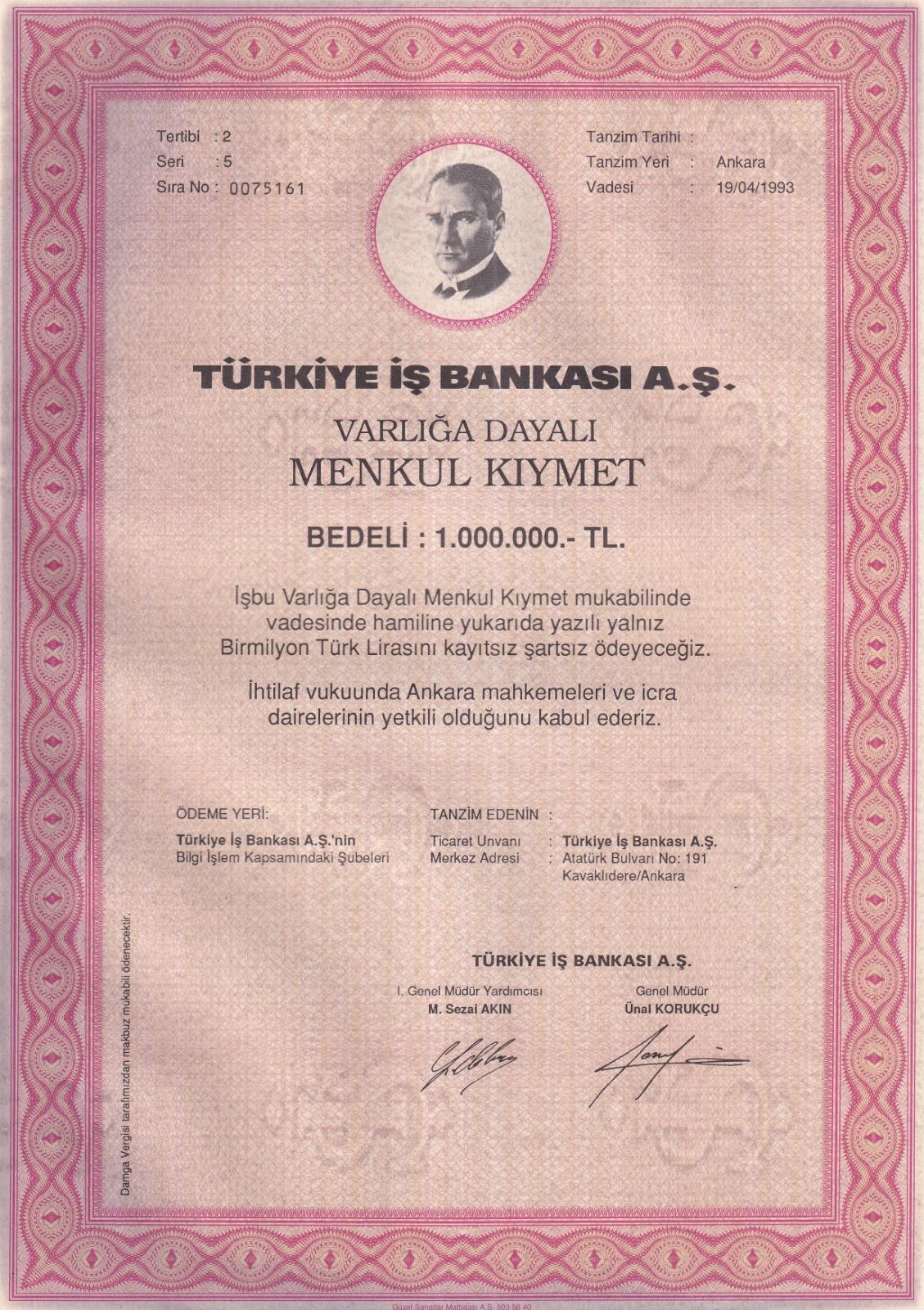 Türkiye İş Bankası A.Ş. (1.000.000 TL) Menkul Kıymet Sertifikası 