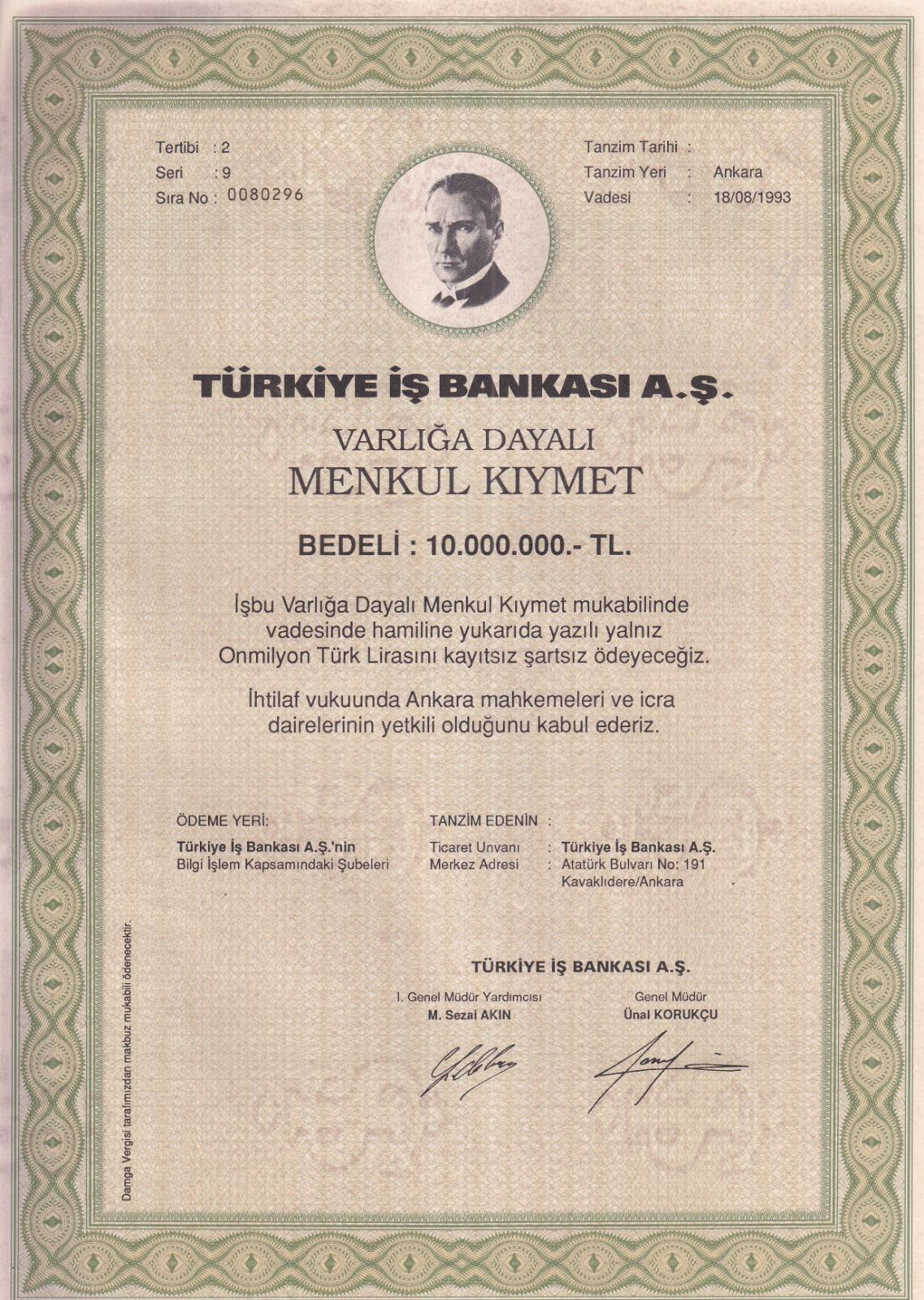 Türkiye İş Bankası A.Ş. (10.000.000 TL) Menkul Kıymet Sertifikası