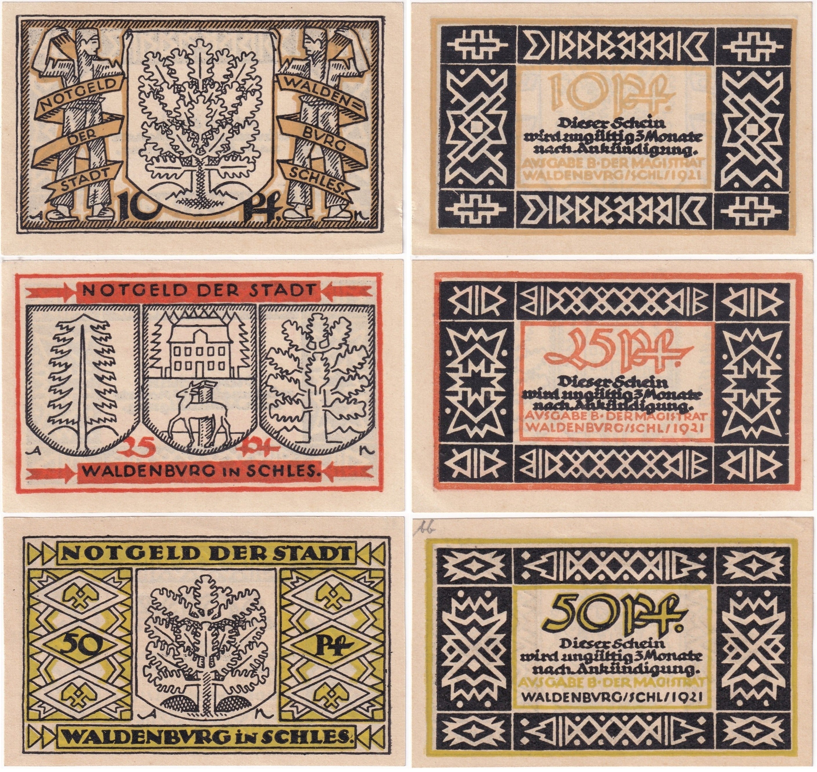 NotgeldAlmanya, Waldenburg (Silezya) 10, 25, 50 Pfennig (1921) Notgeld Seti (ÇİL)