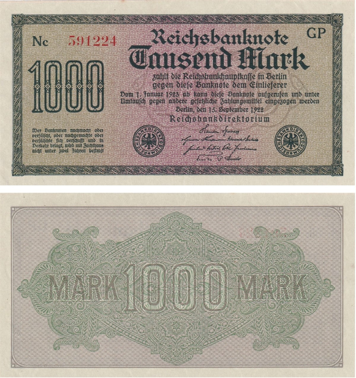 Sertifikalı ÜrünlerAlmanya, 1.000 Mark (1922) P#76 Çil Yabancı Kağıt Para