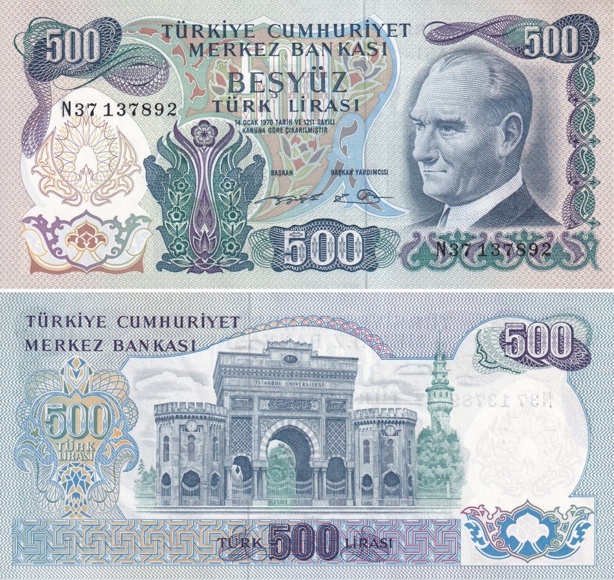 Türkiye Cumhuriyeti Kağıt Paraları6.Emisyon 2.Tertip 500 Türk Lirası ÇİL