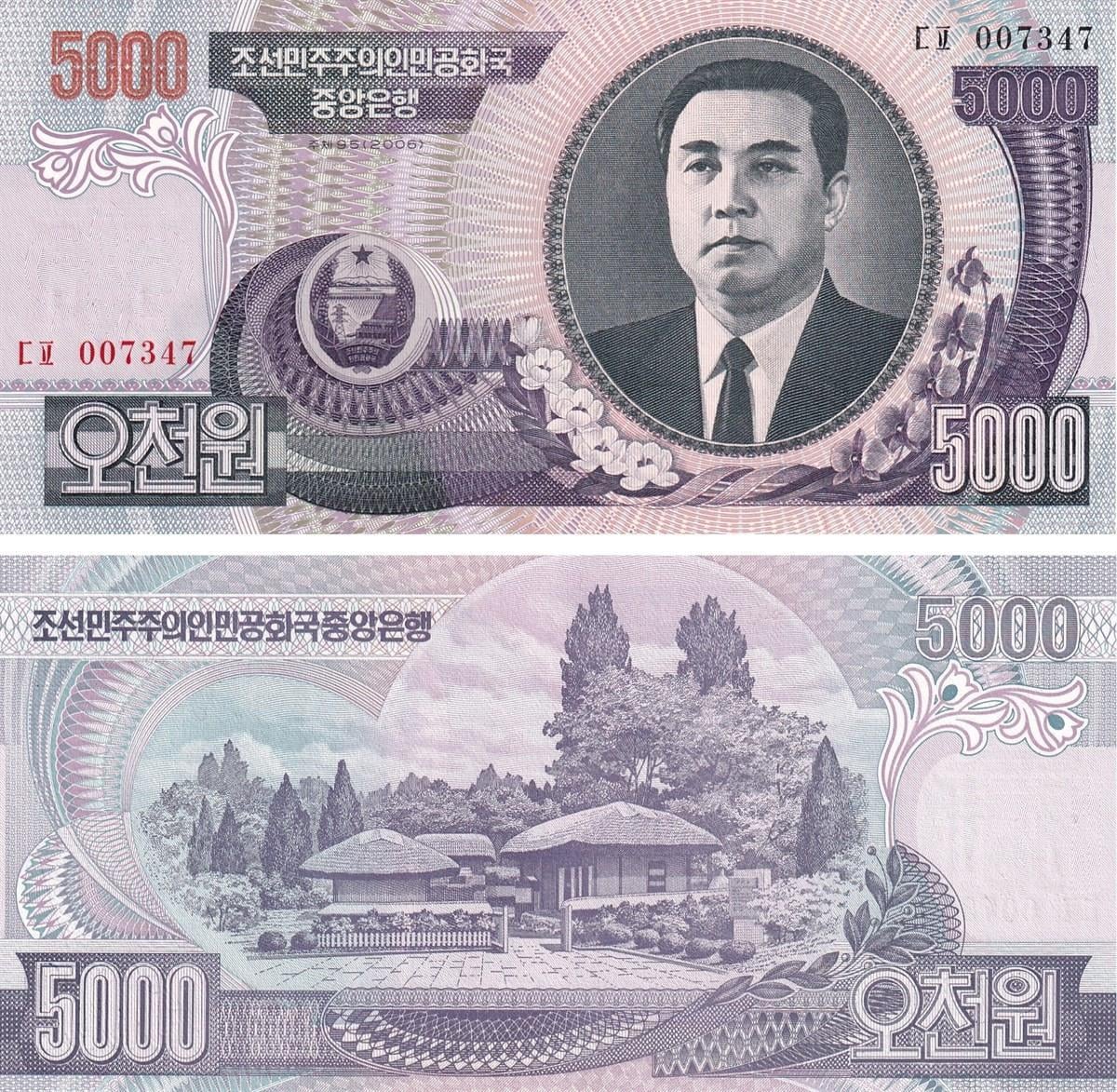 Kuzey Kore, 5.000 Won (2006) ÇİL Yabancı Eski Kağıt Para