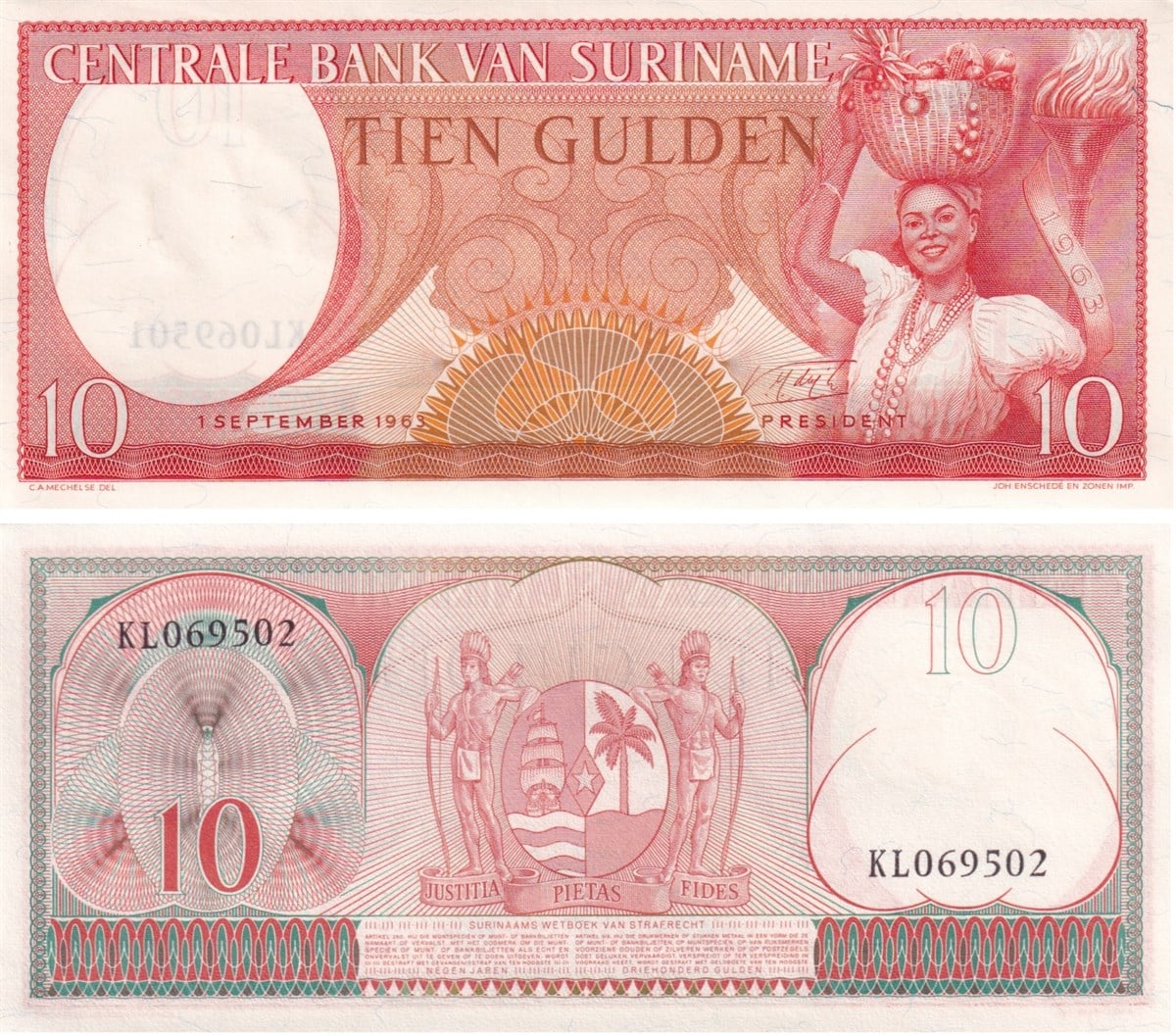 Yabancı Devletlerin Kağıt ParalarıSurinam, 10 Gulden (1963) P#121 ÇİL Eski Yabancı Kağıt Para