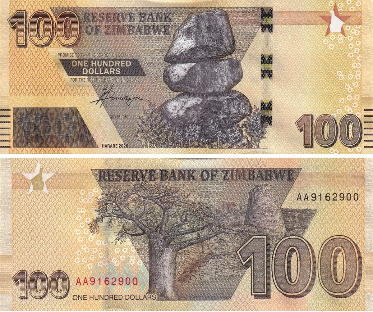 Yabancı Devletlerin Kağıt ParalarıZimbabve, 100 Dolar (2020) ÇİL Eski Yabancı Kağıt Para