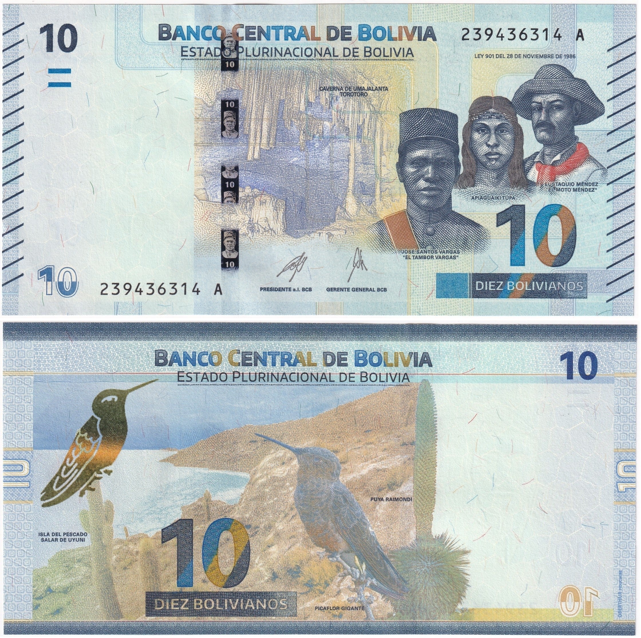 Yabancı Kağıt ParalarBolivya, 10 Bolivianos L.1986 (2018-2019 ND) ÇİL Eski Yabancı Kağıt Para