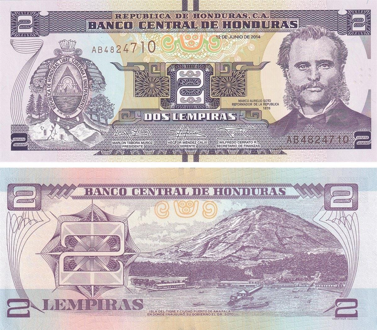 Honduras, 2 Lempiras (2014) ÇİL Eski Yabancı Kağıt Para