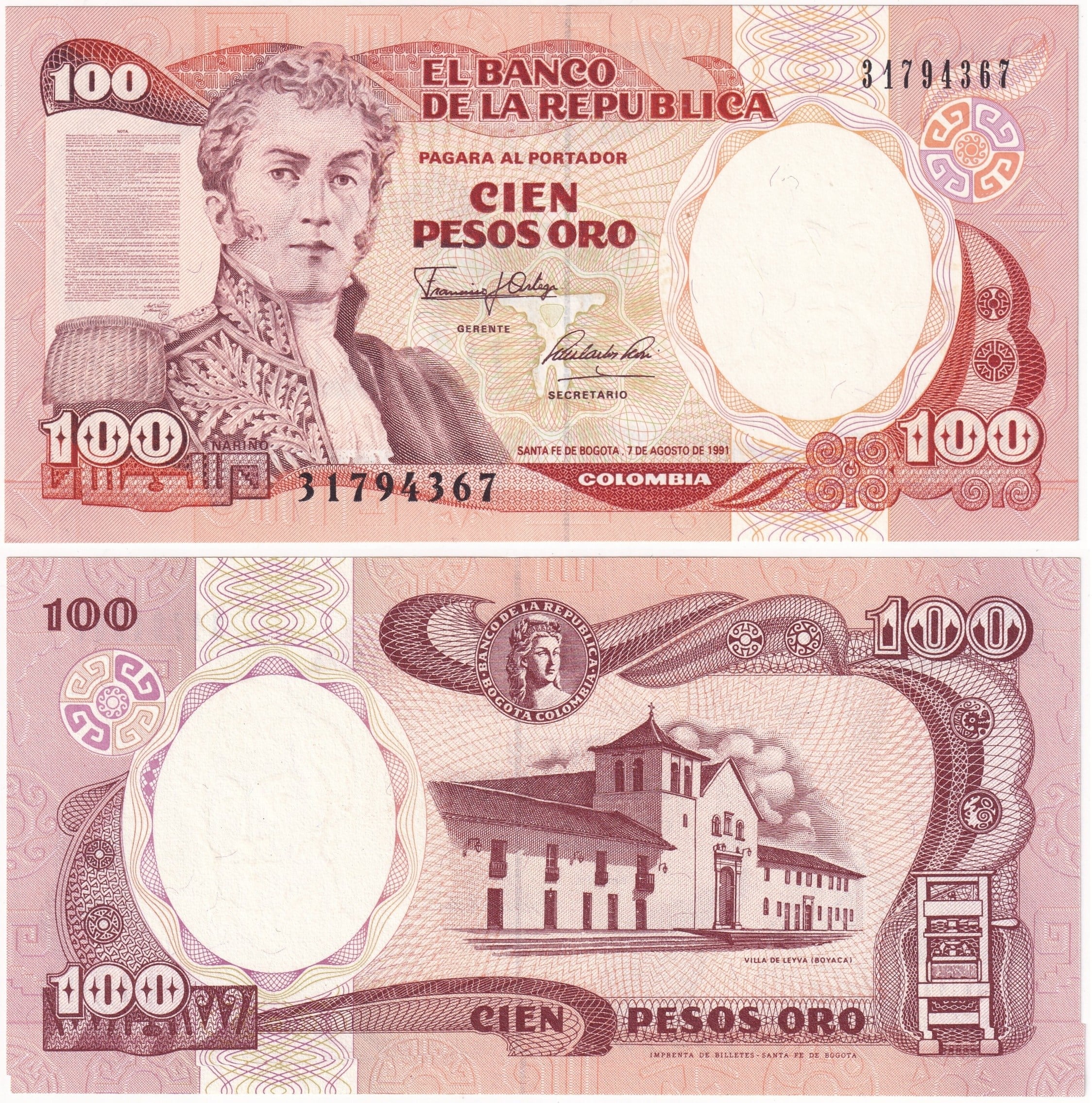 Yabancı Kağıt ParalarKolombiya, 100 Peso (1991) ÇİL Eski Yabancı Kağıt Para