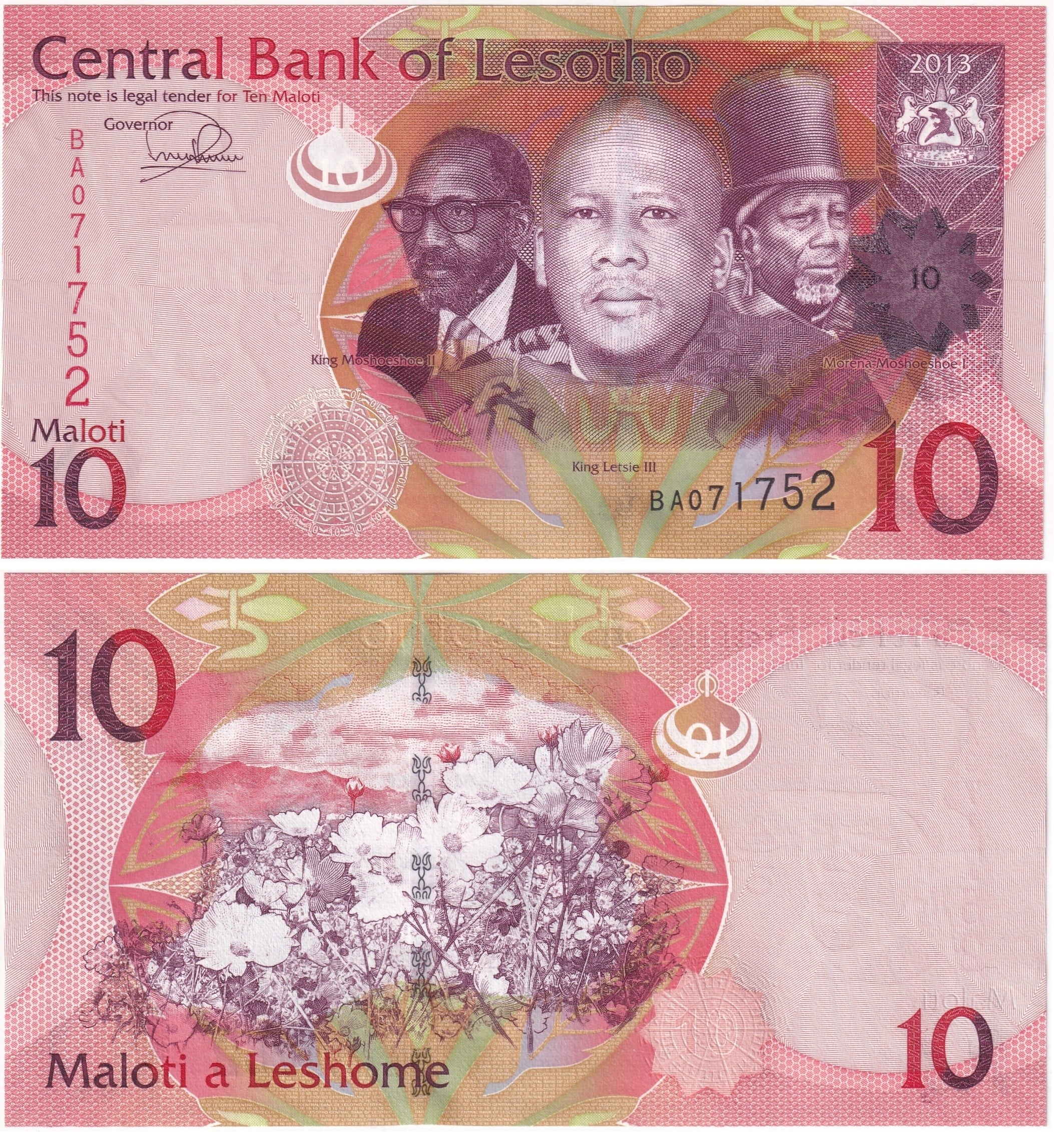 Yabancı Kağıt ParalarLesotho, 10 Maloti (2013) ÇİL Eski Yabancı Kağıt Para