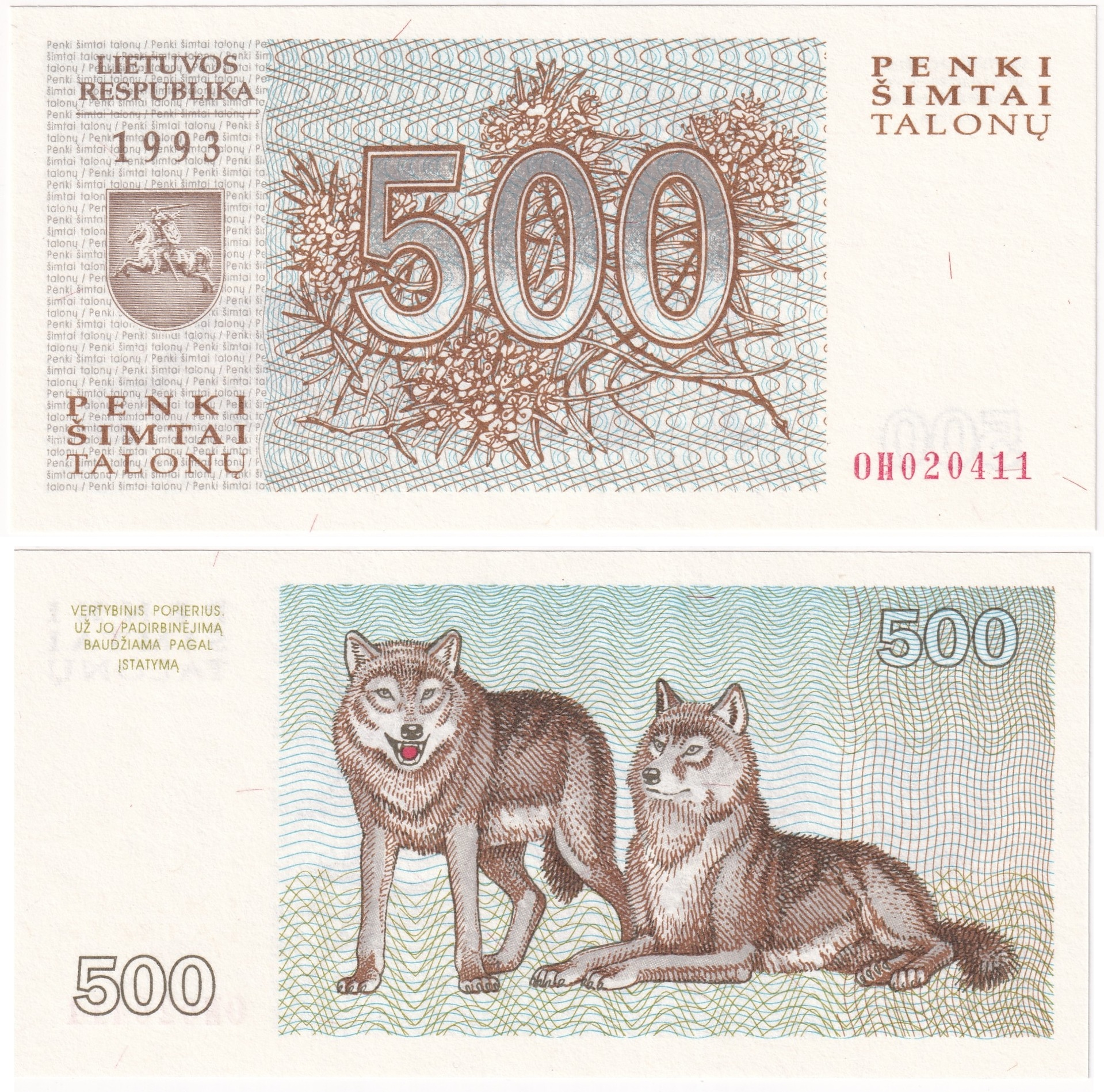 Yabancı Kağıt ParalarLitvanya, 500 Talonas (1993) P#46 ÇİL Eski Yabancı Kağıt Para