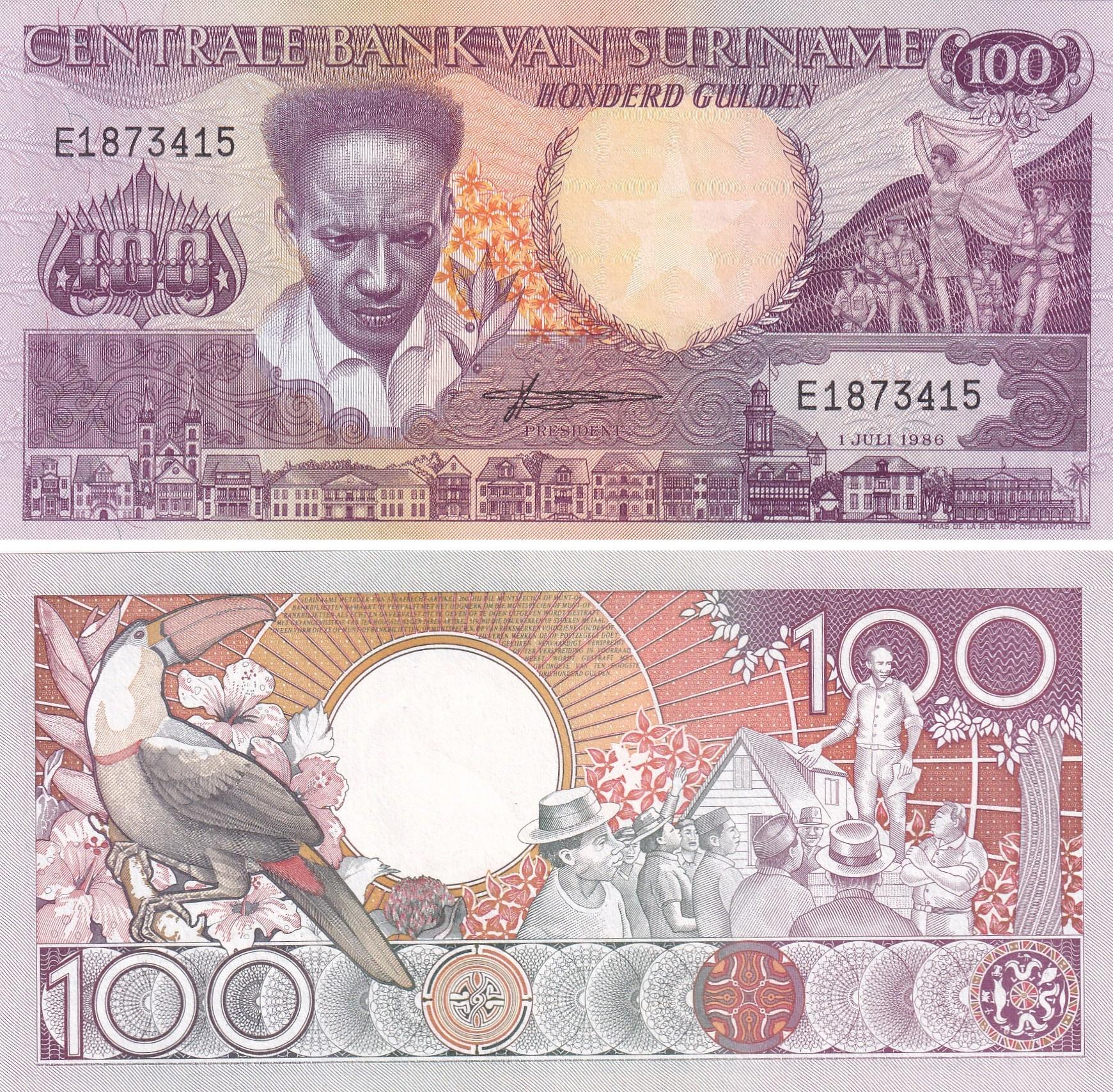 Yabancı Kağıt ParalarSurinam, 100 Gulden (1986) ÇİL Eski Yabancı Kağıt Para