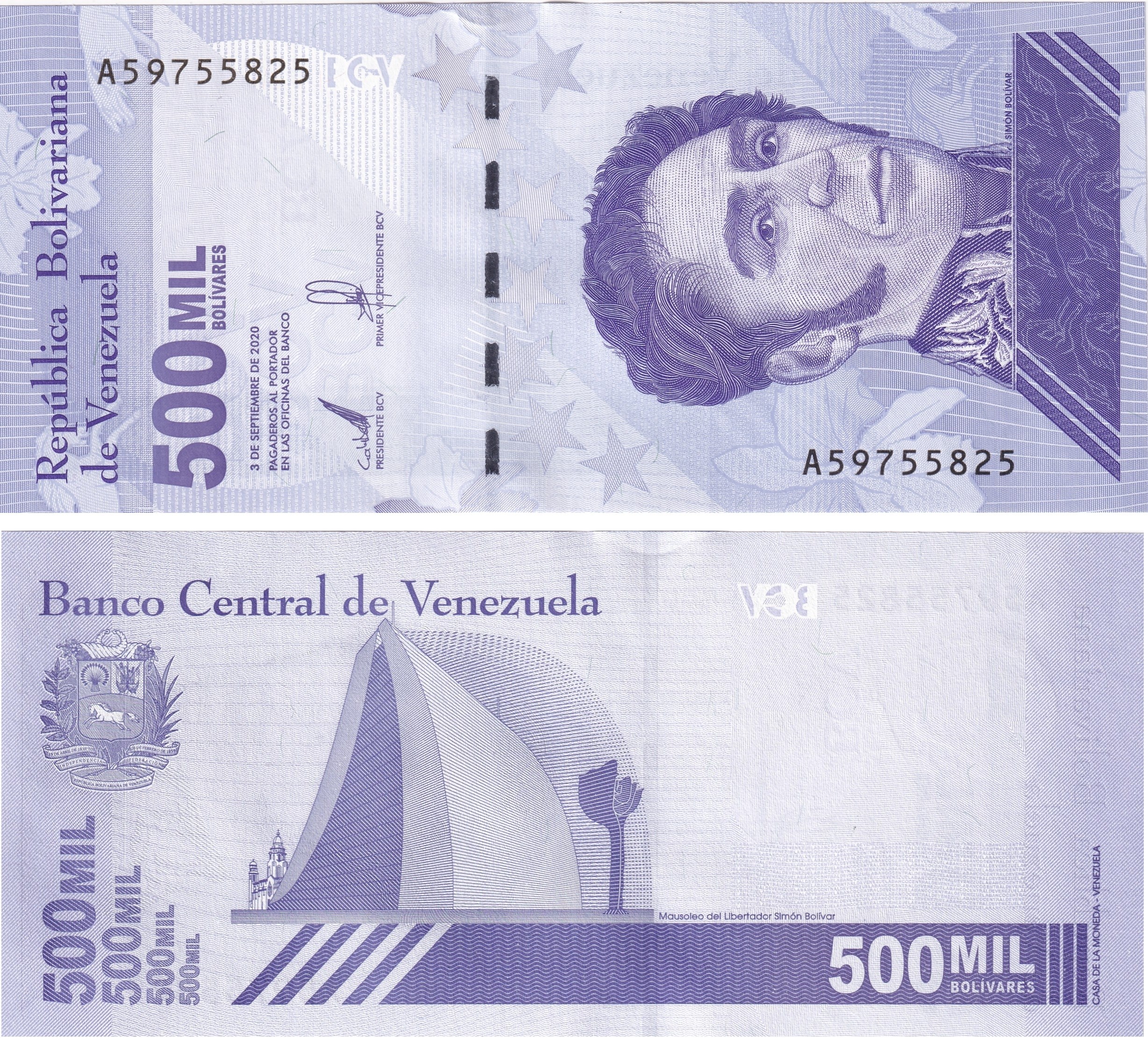 Yabancı Kağıt ParalarVenezuela, 500.000 Bolivar (2020) ÇİL Eski Yabancı Kağıt Para