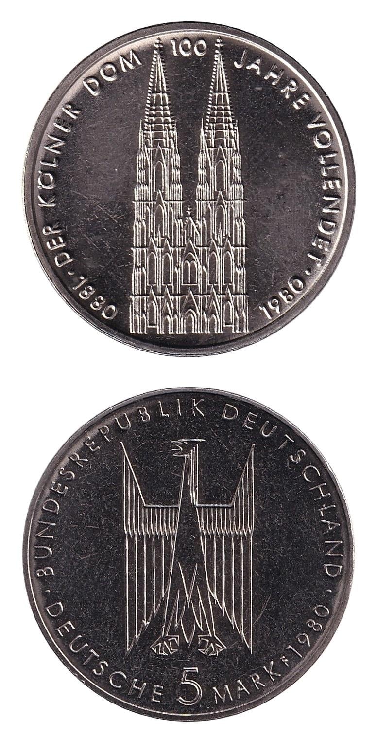 Yabancı Madeni Paralar Batı Almanya, 5 Mark 1980 (Köln Katedrali) Hatıra ÇİL Eski Yabancı Madeni Para
