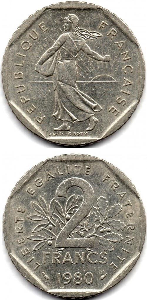 Yabancı Madeni ParalarFransa, 2 Frank 1980-82, ÇT/ÇÇT Eski Madeni Para