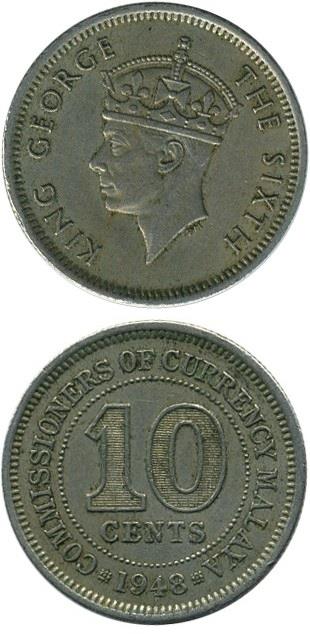Yabancı Madeni ParalarMalaya 10 Cent 1948-50 ÇT/ÇÇT Eski Madeni Para
