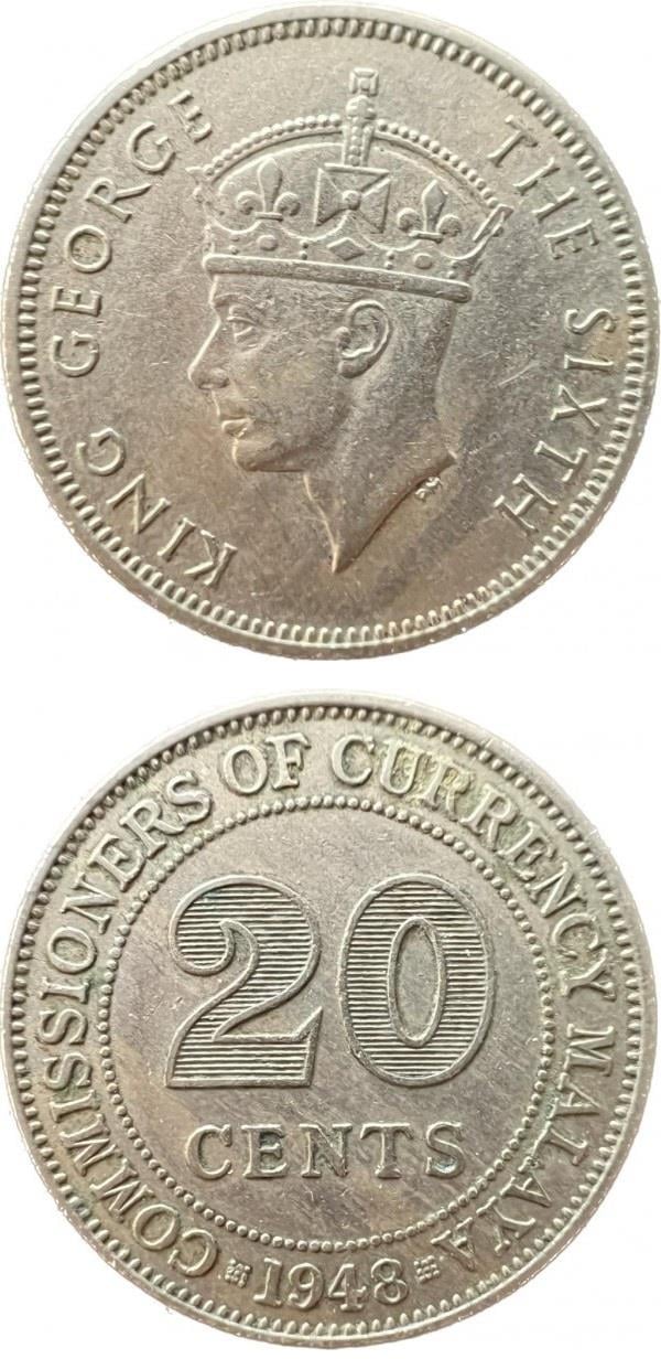 Yabancı Madeni ParalarMalaya 20 Cent 1948-50 ÇT/ÇÇT Eski Madeni Para