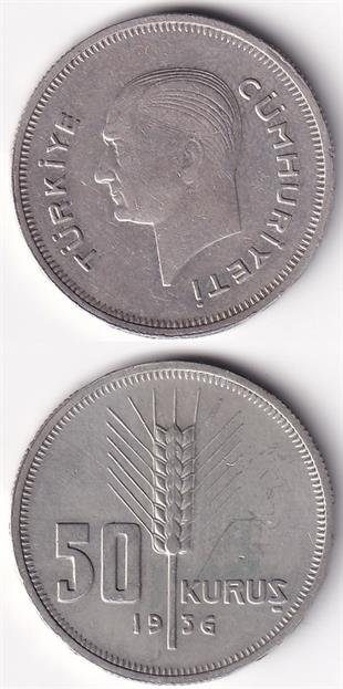 1934-1957 Dönemi Madeni Paraları50 Kuruş (1936) Gümüş ÇT/ÇÇT Eski Madeni Para