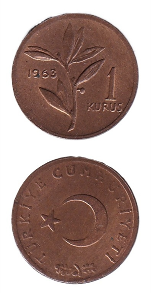 1958-1980 Dönemi Madeni Paraları1 Kuruş (1963) Bronz ÇİL Eski Madeni Para
