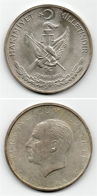 1958-1980 Dönemi Madeni Paraları10 Lira (1960) Gümüş (830 Ayar) ÇİL Eski Madeni Para
