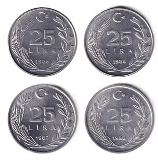1958-1980 Dönemi Madeni Paraları25 Lira (1985-1988) Tam Takım ÇİL Eski Madeni Para Seti