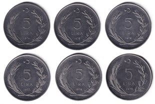 1958-1980 Dönemi Madeni Paraları5 Lira (1974-1979) Tam Takım ÇİL Eski Madeni Para Seti