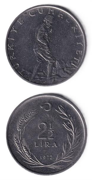 1958-1980 Dönemi Madeni ParalarıTürkiye, 2 1/2 Lira (1972) ÇİL Eski Madeni Para