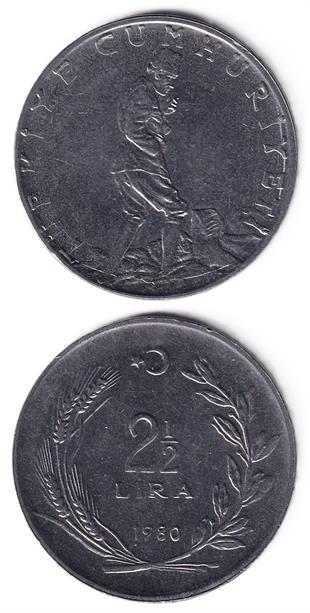 1958-1980 Dönemi Madeni ParalarıTürkiye, 2 1/2 Lira (1980) ÇİL Eski Madeni Para