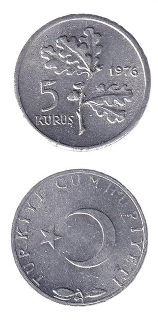 1958-1980 Dönemi Madeni ParalarıTürkiye, 5 Kuruş (1976) ÇİL Eski Madeni Para