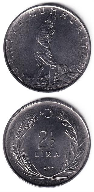 1958-1980 Dönemi Madeni ParalarıTürkiye, 2 1/2 Lira (1977) ÇİL Eski Madeni Para
