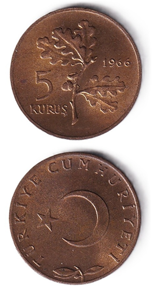1958-1980 Dönemi Madeni ParalarıTürkiye, 5 Kuruş (1966) ÇİL Eski Madeni Para