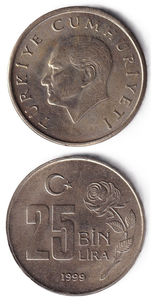 1981-2004 Dönemi Madeni Paraları25.000 Lira (1999) ÇİL Eski Madeni Para