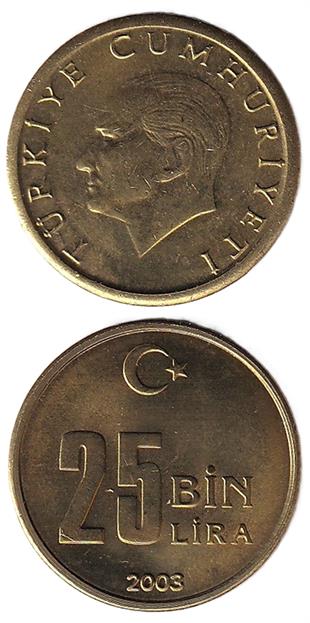 1981-2004 Dönemi Madeni ParalarıTürkiye, 25.000 Lira (2003) ÇİL Eski Madeni Para