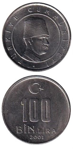 1981-2004 Dönemi Madeni ParalarıTürkiye, 100.000 Lira (2001) ÇİL Eski Madeni Para
