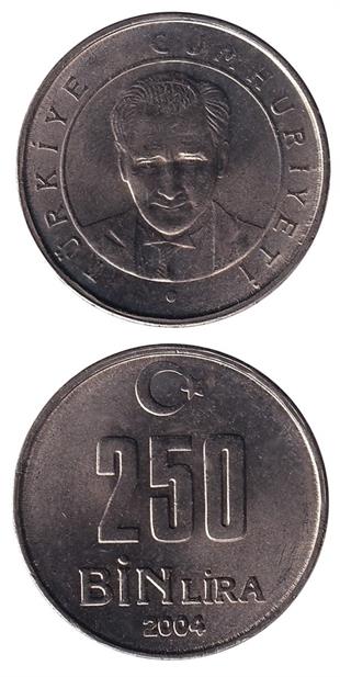 1981-2004 Dönemi Madeni ParalarıTürkiye, 250.000 Lira (2004) ÇİL Eski Madeni Para