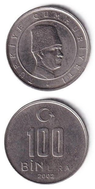 1981-2004 Dönemi Madeni ParalarıTürkiye, 100.000 Lira (2002) ÇİL Eski Madeni Para