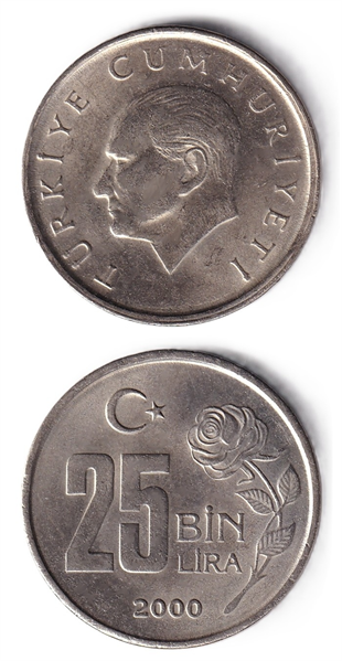 1981-2004 Dönemi Madeni ParalarıTürkiye, 25.000 Lira (2000) ÇİL Eski Madeni Para