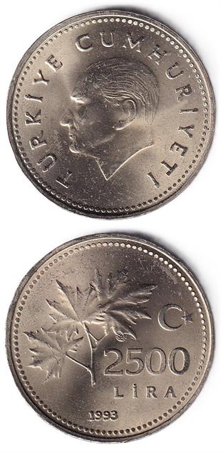 1981-2004 Dönemi Madeni ParalarıTürkiye, 2.500 Lira (1993) ÇİL Eski Madeni Para