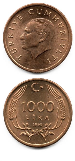 1981-2004 Dönemi Madeni ParalarıTürkiye, 1.000 Lira (1995) ÇİL Eski Madeni Para